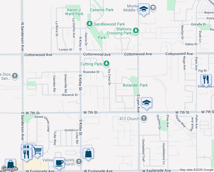 map of restaurants, bars, coffee shops, grocery stores, and more near 406 Ivy Crest Drive in San Jacinto