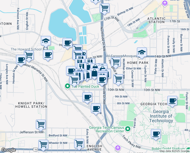 map of restaurants, bars, coffee shops, grocery stores, and more near 674 Bellingrath Avenue Northwest in Atlanta