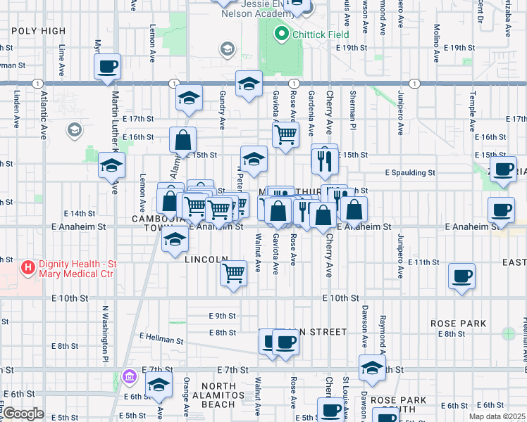 map of restaurants, bars, coffee shops, grocery stores, and more near 1617 East Anaheim Street in Long Beach