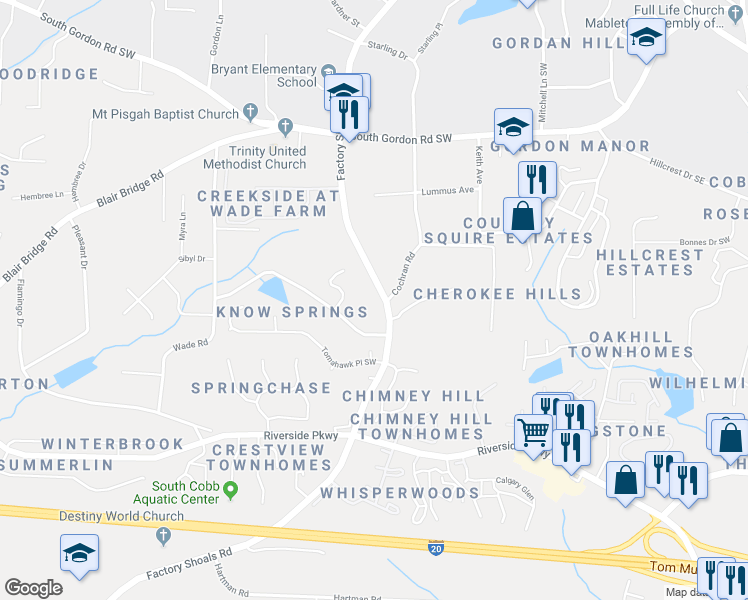 map of restaurants, bars, coffee shops, grocery stores, and more near 7000 Factory Shoals Road in Austell