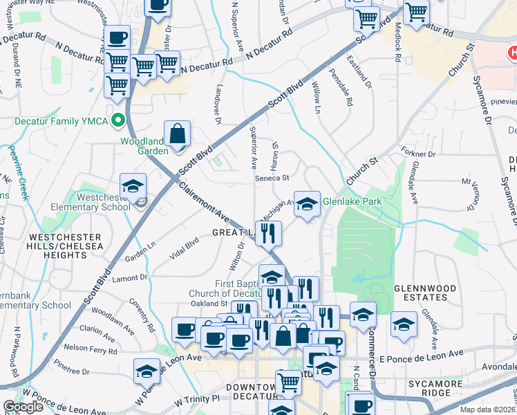 map of restaurants, bars, coffee shops, grocery stores, and more near 129 Superior Avenue in Decatur