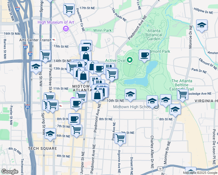 map of restaurants, bars, coffee shops, grocery stores, and more near 1045 Piedmont Avenue Northeast in Atlanta