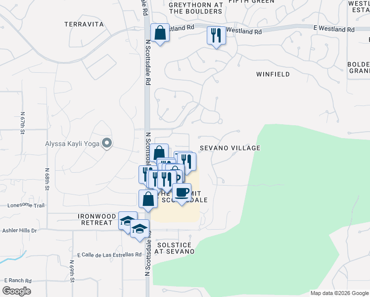 map of restaurants, bars, coffee shops, grocery stores, and more near 7363 East Dove Valley Road in Scottsdale
