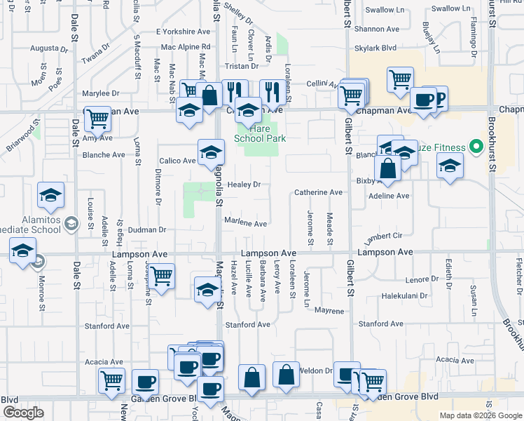 map of restaurants, bars, coffee shops, grocery stores, and more near 12351 Harvey Lane in Garden Grove