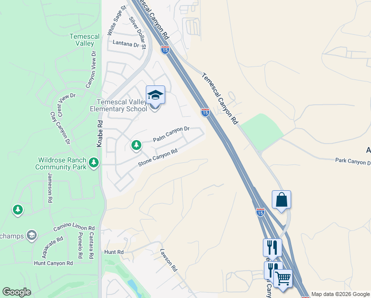 map of restaurants, bars, coffee shops, grocery stores, and more near 9399 Stone Canyon Road in Corona