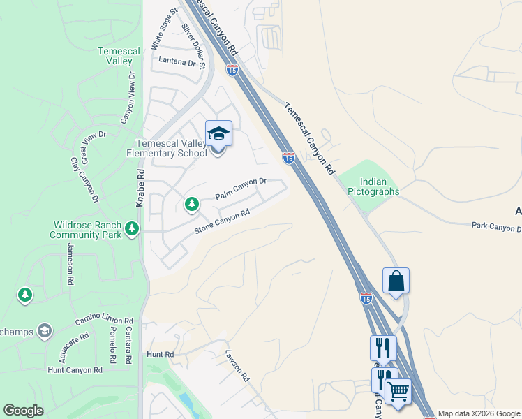 map of restaurants, bars, coffee shops, grocery stores, and more near 9399 Stone Canyon Road in Corona