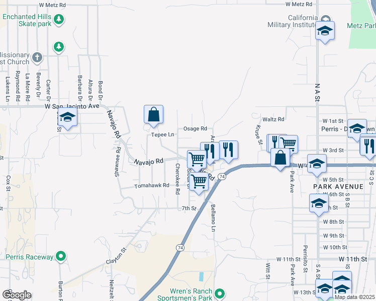 map of restaurants, bars, coffee shops, grocery stores, and more near 906 Navajo Road in Perris