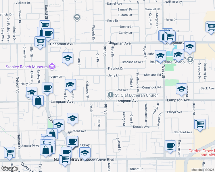 map of restaurants, bars, coffee shops, grocery stores, and more near in Garden Grove