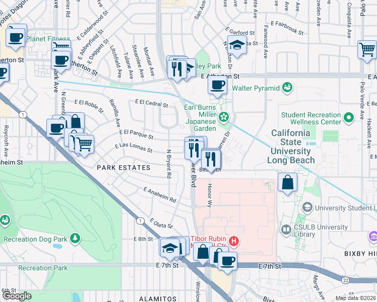 map of restaurants, bars, coffee shops, grocery stores, and more near 5630 East Las Lomas Street in Long Beach