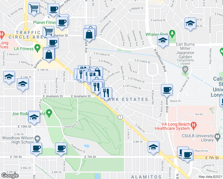 map of restaurants, bars, coffee shops, grocery stores, and more near 5270 East Anaheim Road in Long Beach