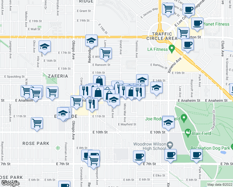 map of restaurants, bars, coffee shops, grocery stores, and more near 3731 East Anaheim Street in Long Beach