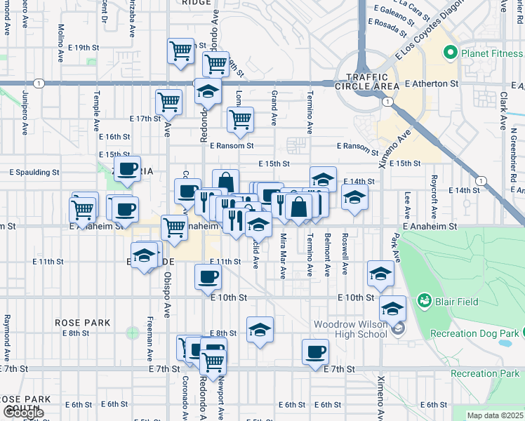 map of restaurants, bars, coffee shops, grocery stores, and more near 3731 East Anaheim Street in Long Beach