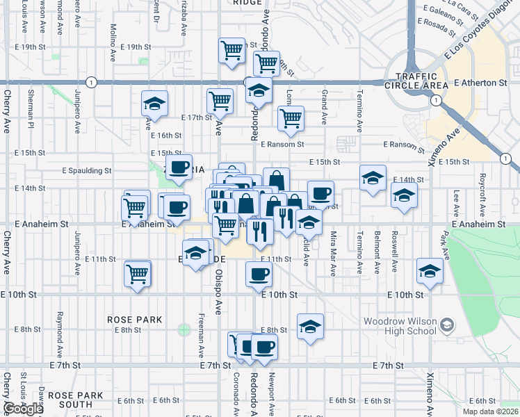 map of restaurants, bars, coffee shops, grocery stores, and more near in Long Beach