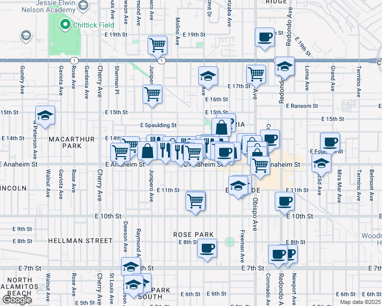 map of restaurants, bars, coffee shops, grocery stores, and more near 2701 East Anaheim Street in Long Beach