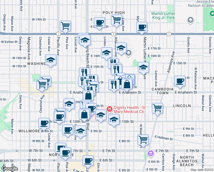 map of restaurants, bars, coffee shops, grocery stores, and more near 501 East Anaheim Street in Long Beach