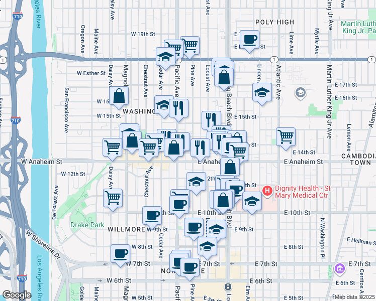 map of restaurants, bars, coffee shops, grocery stores, and more near in Long Beach