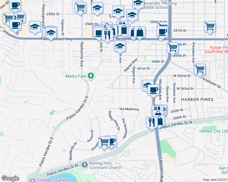 map of restaurants, bars, coffee shops, grocery stores, and more near 26320 Fairview Avenue in Lomita