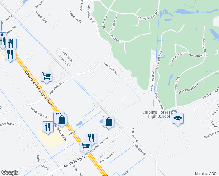 map of restaurants, bars, coffee shops, grocery stores, and more near 332 Wild Wing Boulevard in Conway