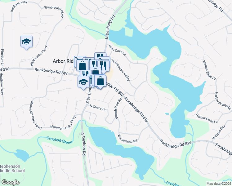 map of restaurants, bars, coffee shops, grocery stores, and more near 502 North Shore Road in Lithonia