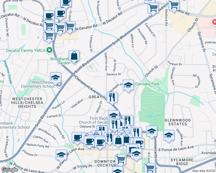 map of restaurants, bars, coffee shops, grocery stores, and more near 129 Superior Avenue in Decatur