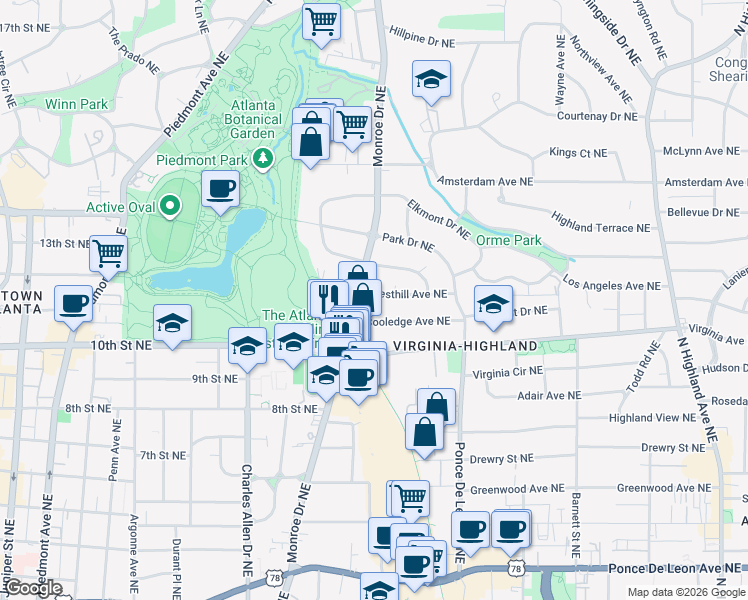 map of restaurants, bars, coffee shops, grocery stores, and more near 617 Cresthill Avenue Northeast in Atlanta