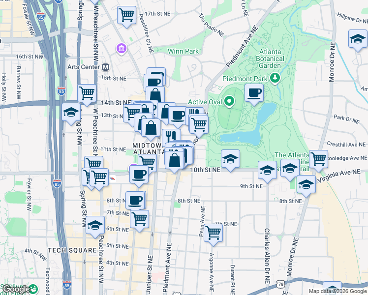 map of restaurants, bars, coffee shops, grocery stores, and more near 1041 Piedmont Avenue Northeast in Atlanta