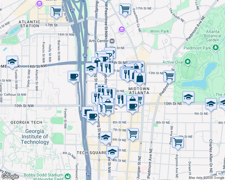 map of restaurants, bars, coffee shops, grocery stores, and more near in Atlanta