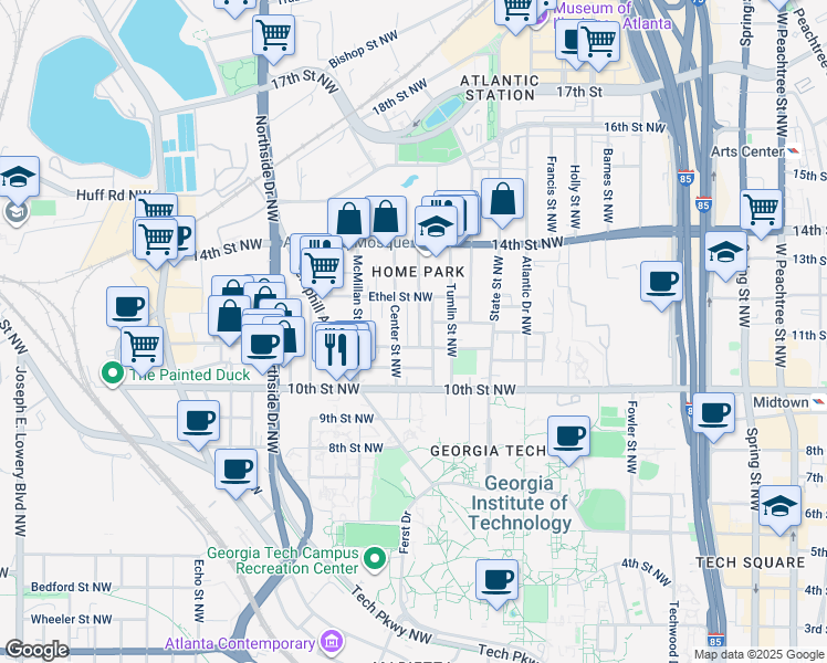 map of restaurants, bars, coffee shops, grocery stores, and more near 453 Calhoun Street Northwest in Atlanta