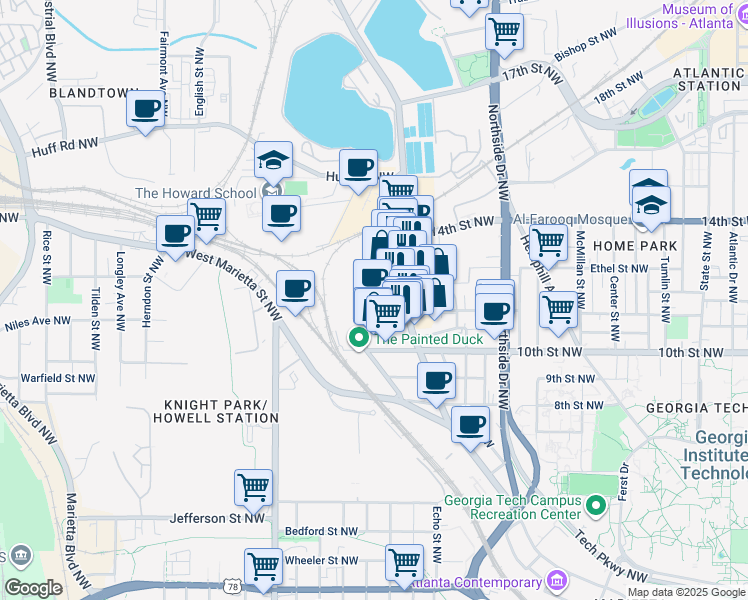 map of restaurants, bars, coffee shops, grocery stores, and more near 1075 Brady Avenue Northwest in Atlanta