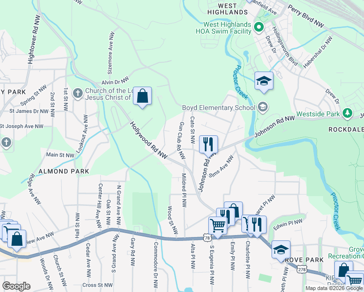 map of restaurants, bars, coffee shops, grocery stores, and more near 2090 Hollywood Drive Northwest in Atlanta