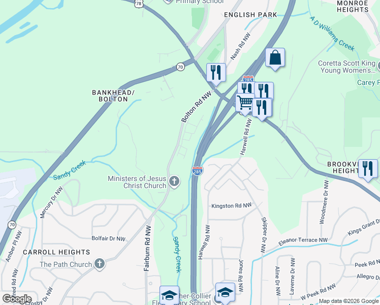 map of restaurants, bars, coffee shops, grocery stores, and more near in Atlanta