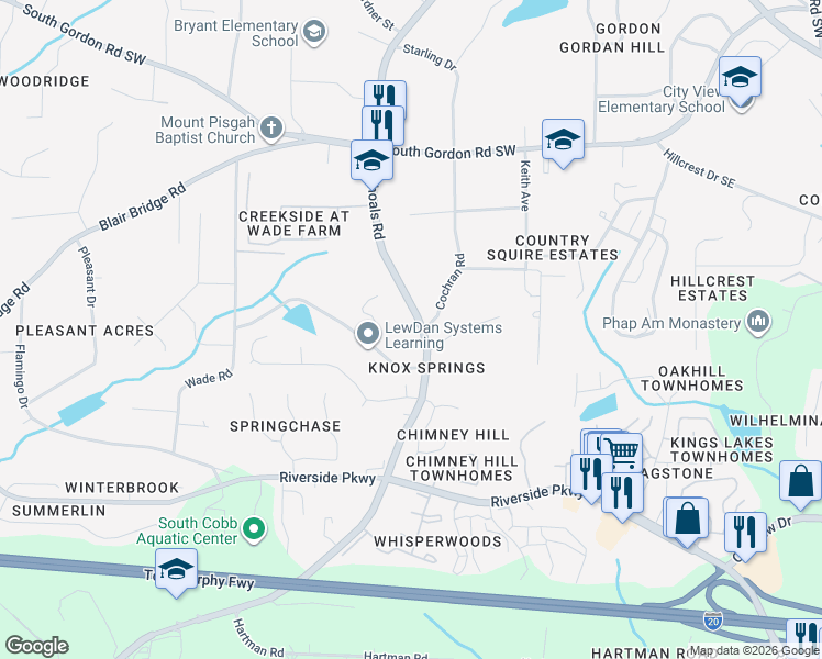 map of restaurants, bars, coffee shops, grocery stores, and more near 7000 Factory Shoals Road in Austell