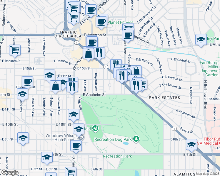 map of restaurants, bars, coffee shops, grocery stores, and more near 1364 Park Plaza Drive in Long Beach