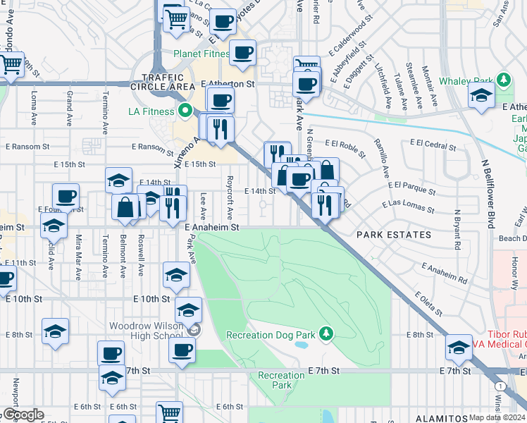 map of restaurants, bars, coffee shops, grocery stores, and more near 4835 East Anaheim Street in Long Beach