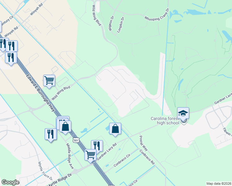map of restaurants, bars, coffee shops, grocery stores, and more near 332 Wild Wing Boulevard in Conway