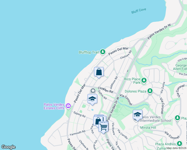 map of restaurants, bars, coffee shops, grocery stores, and more near 1721 Chelsea Road in Palos Verdes Estates