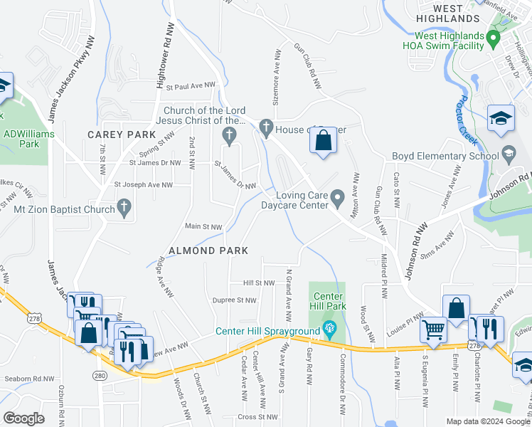 map of restaurants, bars, coffee shops, grocery stores, and more near 1055 Ada Avenue Northwest in Atlanta