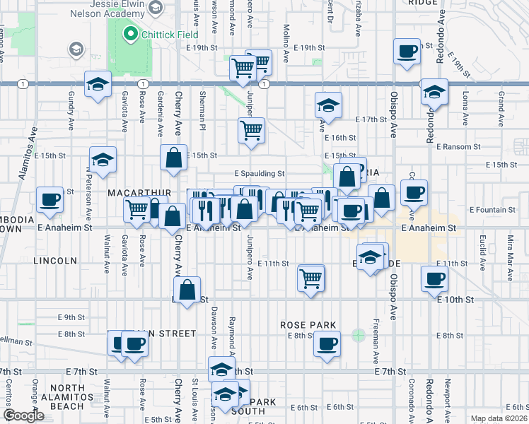 map of restaurants, bars, coffee shops, grocery stores, and more near 1341 Stanley Avenue in Long Beach
