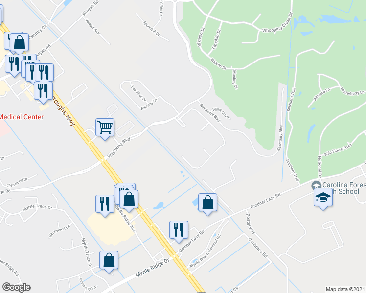 map of restaurants, bars, coffee shops, grocery stores, and more near 342 Wild Wing Boulevard in Conway