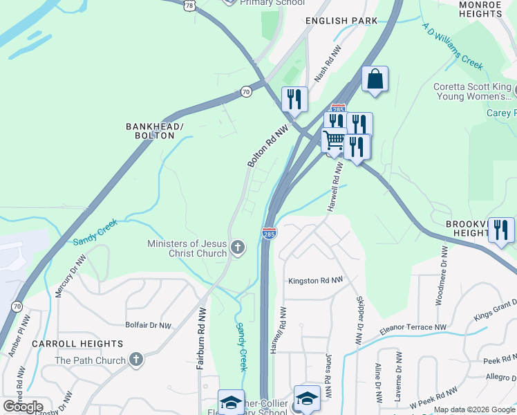 map of restaurants, bars, coffee shops, grocery stores, and more near in Atlanta