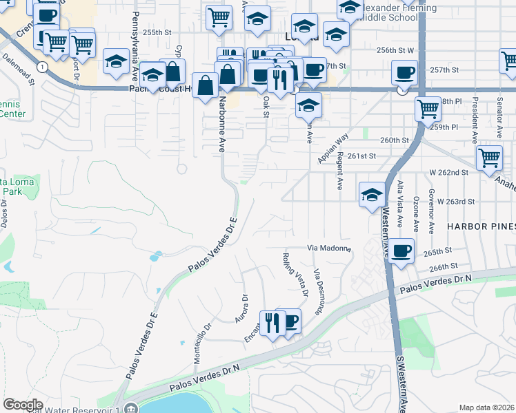 map of restaurants, bars, coffee shops, grocery stores, and more near 16 Bridlewood Circle in Rolling Hills Estates