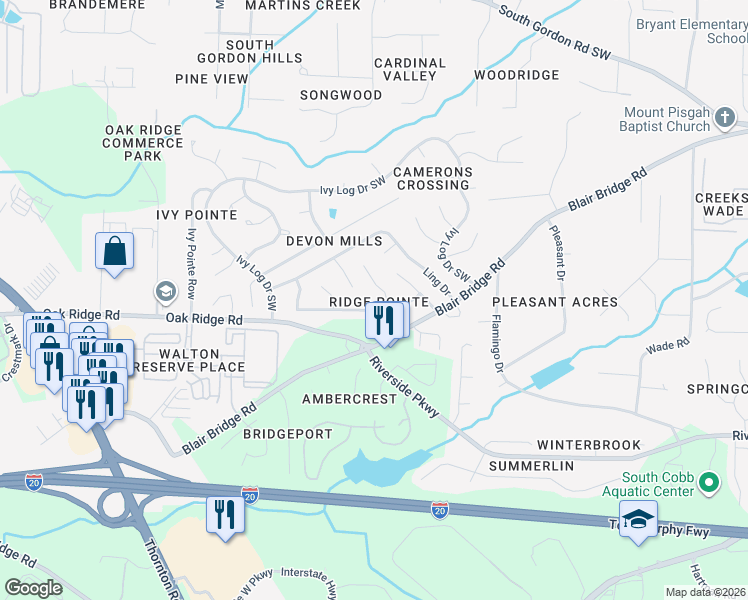 map of restaurants, bars, coffee shops, grocery stores, and more near 1210 Ling Way in Austell