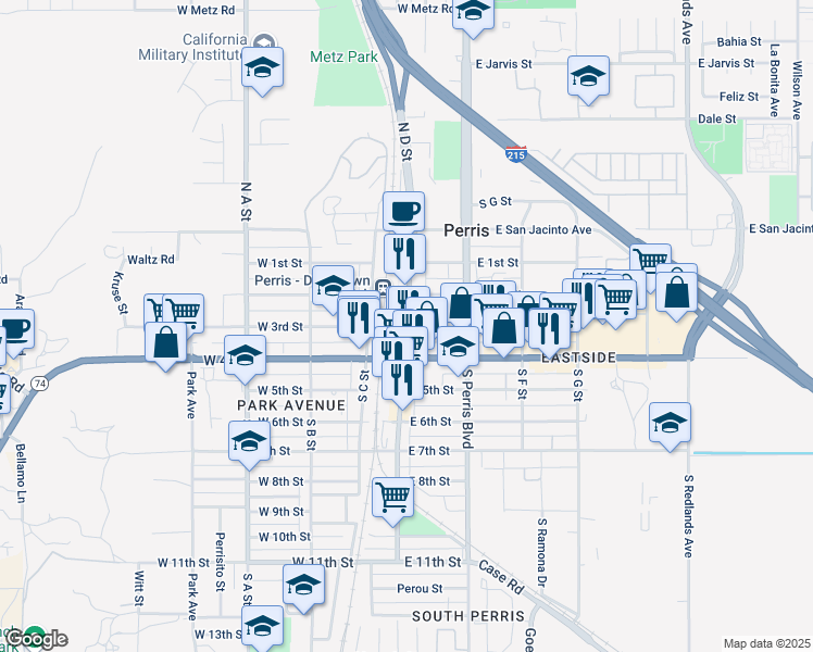 map of restaurants, bars, coffee shops, grocery stores, and more near 0 East 3rd Street in Perris