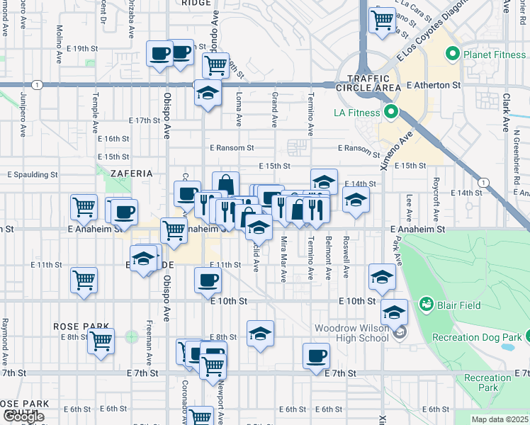 map of restaurants, bars, coffee shops, grocery stores, and more near 3718 East Fountain Street in Long Beach