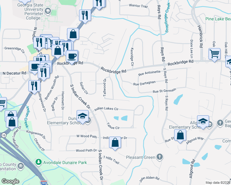 map of restaurants, bars, coffee shops, grocery stores, and more near 492 South Susan Creek Drive in Stone Mountain