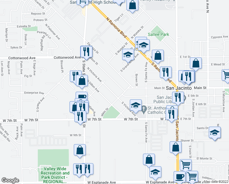 map of restaurants, bars, coffee shops, grocery stores, and more near 133 North Victoria Avenue in San Jacinto