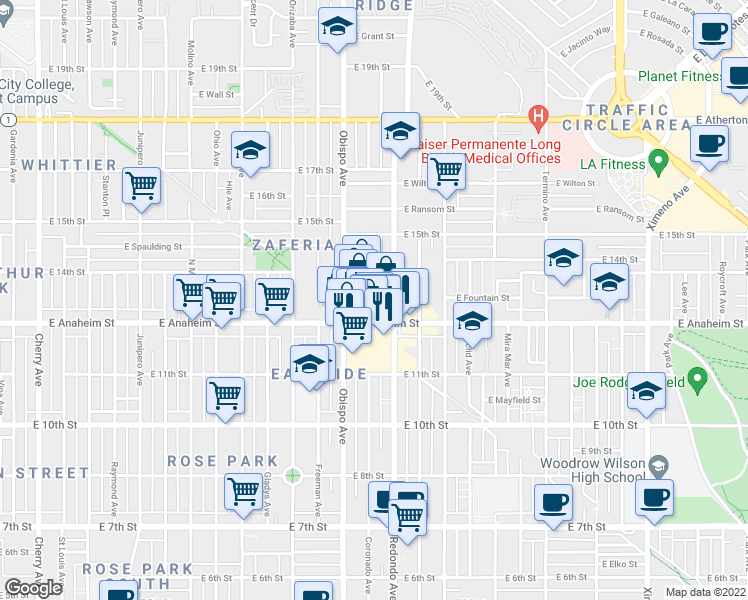 map of restaurants, bars, coffee shops, grocery stores, and more near 1342 Coronado Avenue in Long Beach