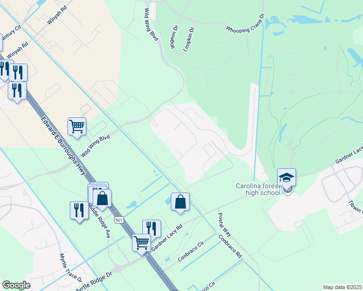 map of restaurants, bars, coffee shops, grocery stores, and more near 334 Wildwing Boulevard in Conway