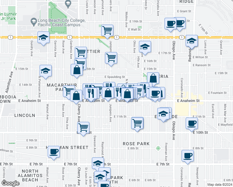 map of restaurants, bars, coffee shops, grocery stores, and more near 1341 Stanley Avenue in Long Beach