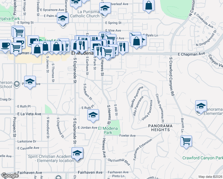 map of restaurants, bars, coffee shops, grocery stores, and more near 4609 East Via La Paloma in Orange